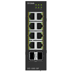 D-Link DIS-100G-10P 10-Port Unmanaged Industrial Gigabit PoE+ Switch, 2 SFP slots, Plug-and-play, Fanless, DIN-rail mount